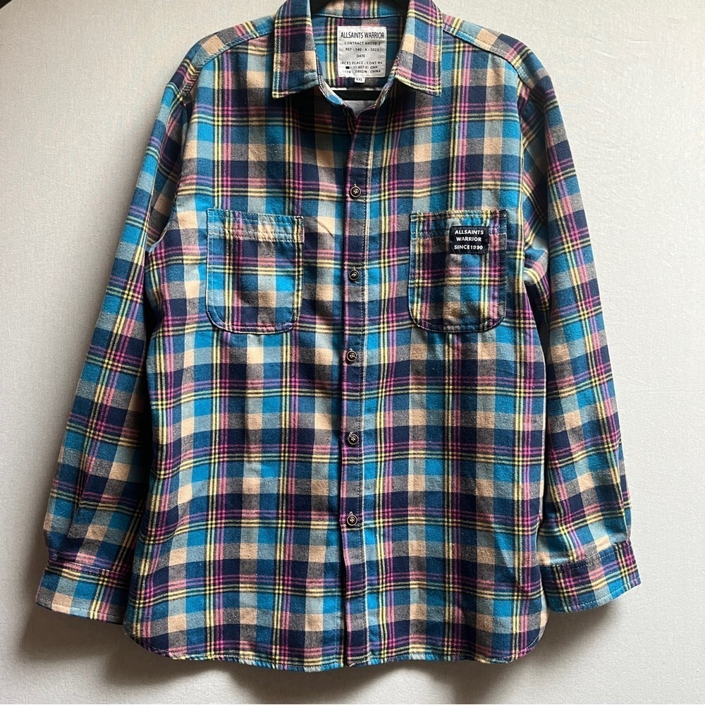 All Saints Warrior Blue and Yellow Plaid Cotton Shirt Sz XXL